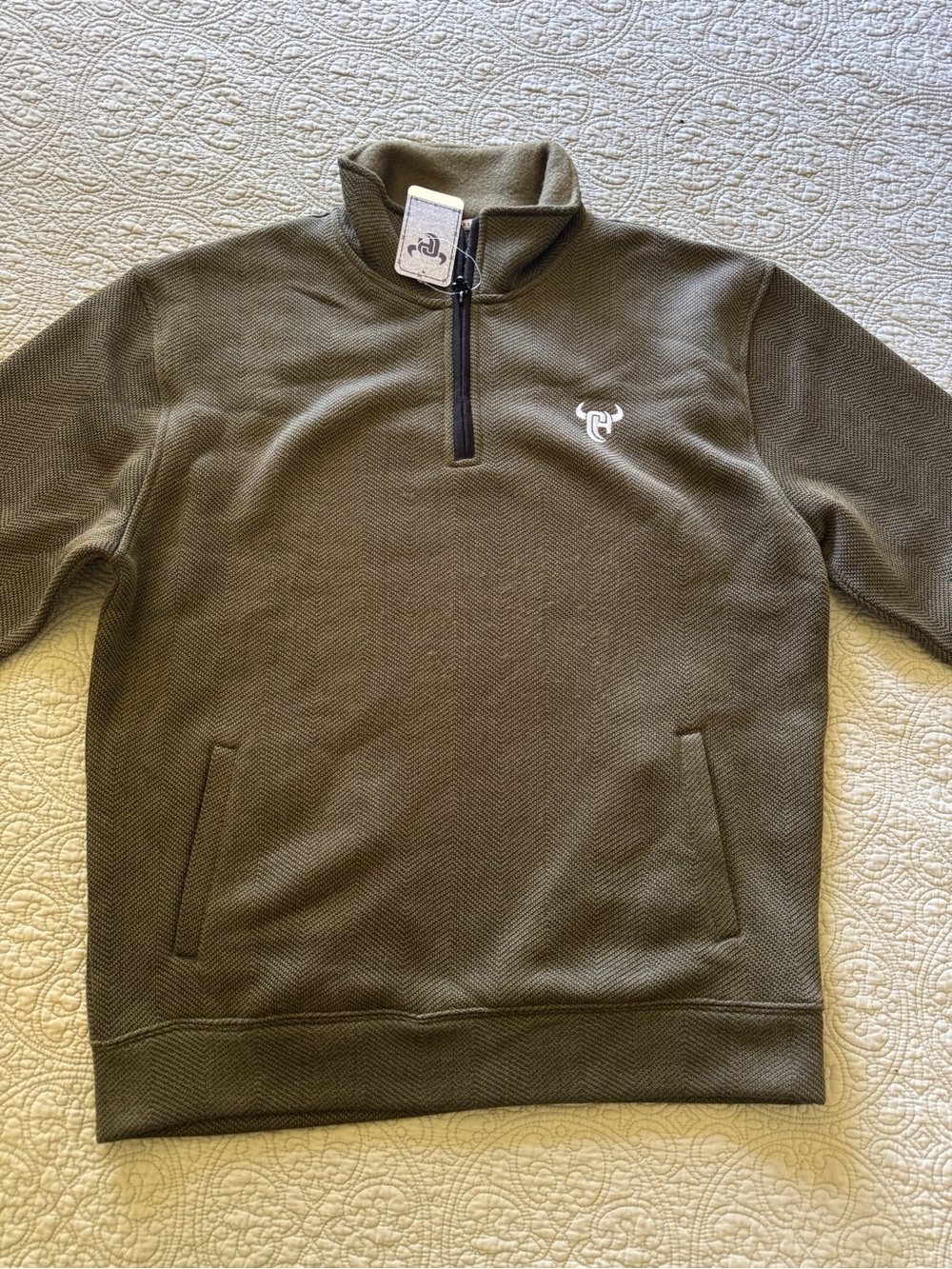Men's Olive Quarter-Zip Pullover Sweater with Subtle Logo
